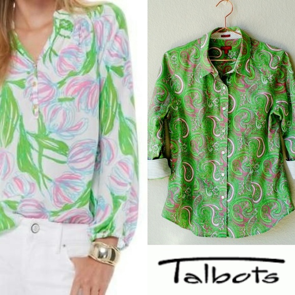 Talbots Tops - TALBOTS Parrot Green Pink Paisley Shirt sz 12